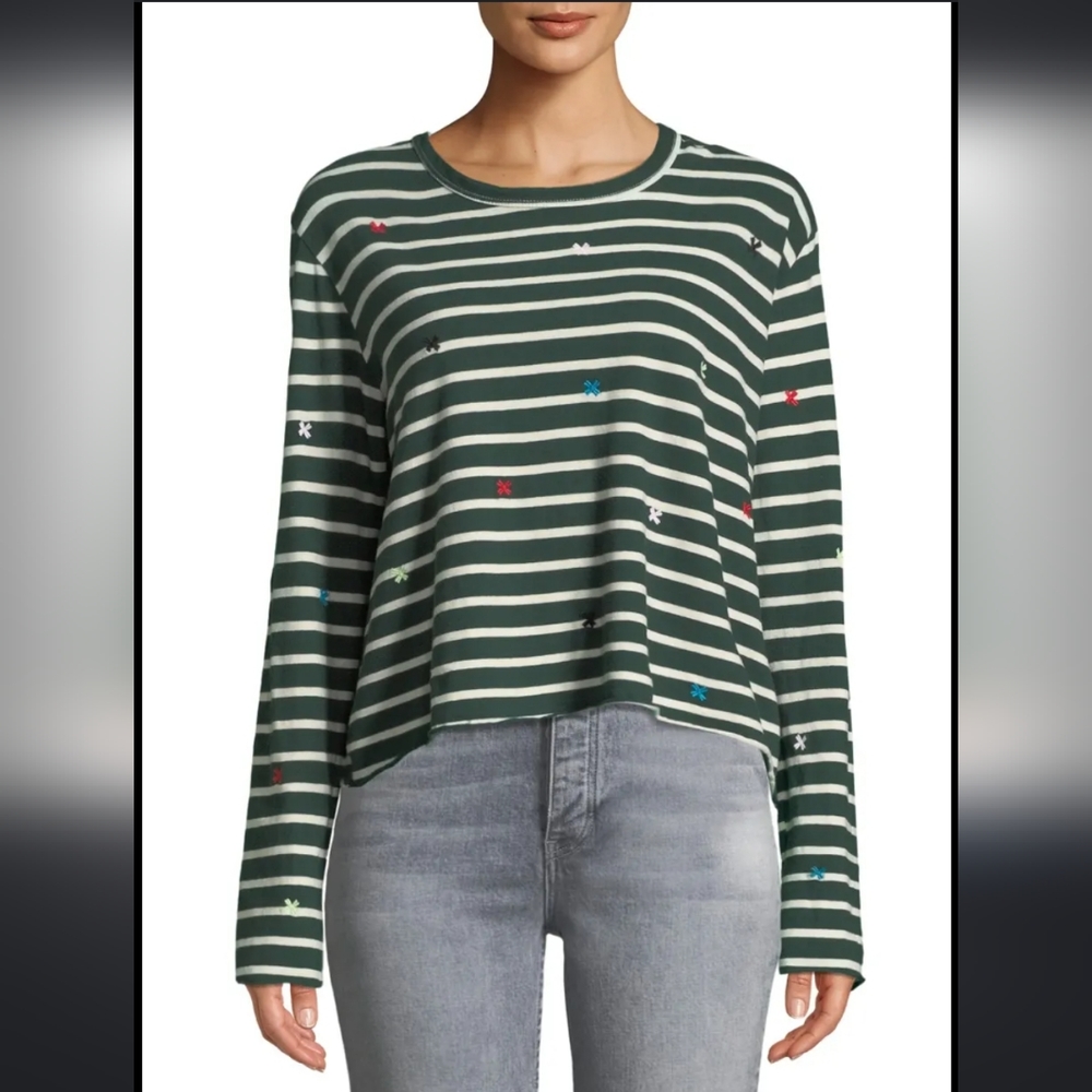 The Great The Long-Sleeve Striped Crop Tee With Embroidery Women's Size …